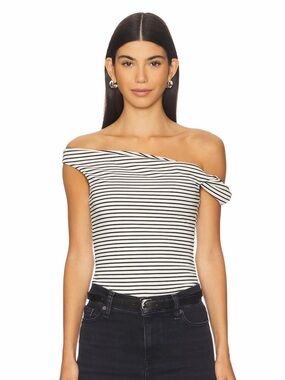 All The Ways Revolve Amber Black White Striped Off the Shoulder Top Small NWT